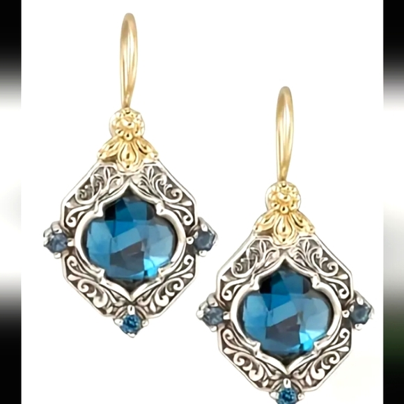 TWO TONE GOLD / STERLING TURQUOISE DANGLE EARRINGS - Picture 1 of 2